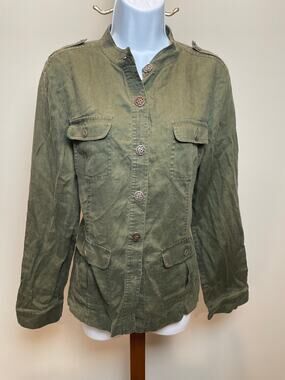 Saks Fifth Avenue Threads Olive Linen Safari Button Up Top Size L